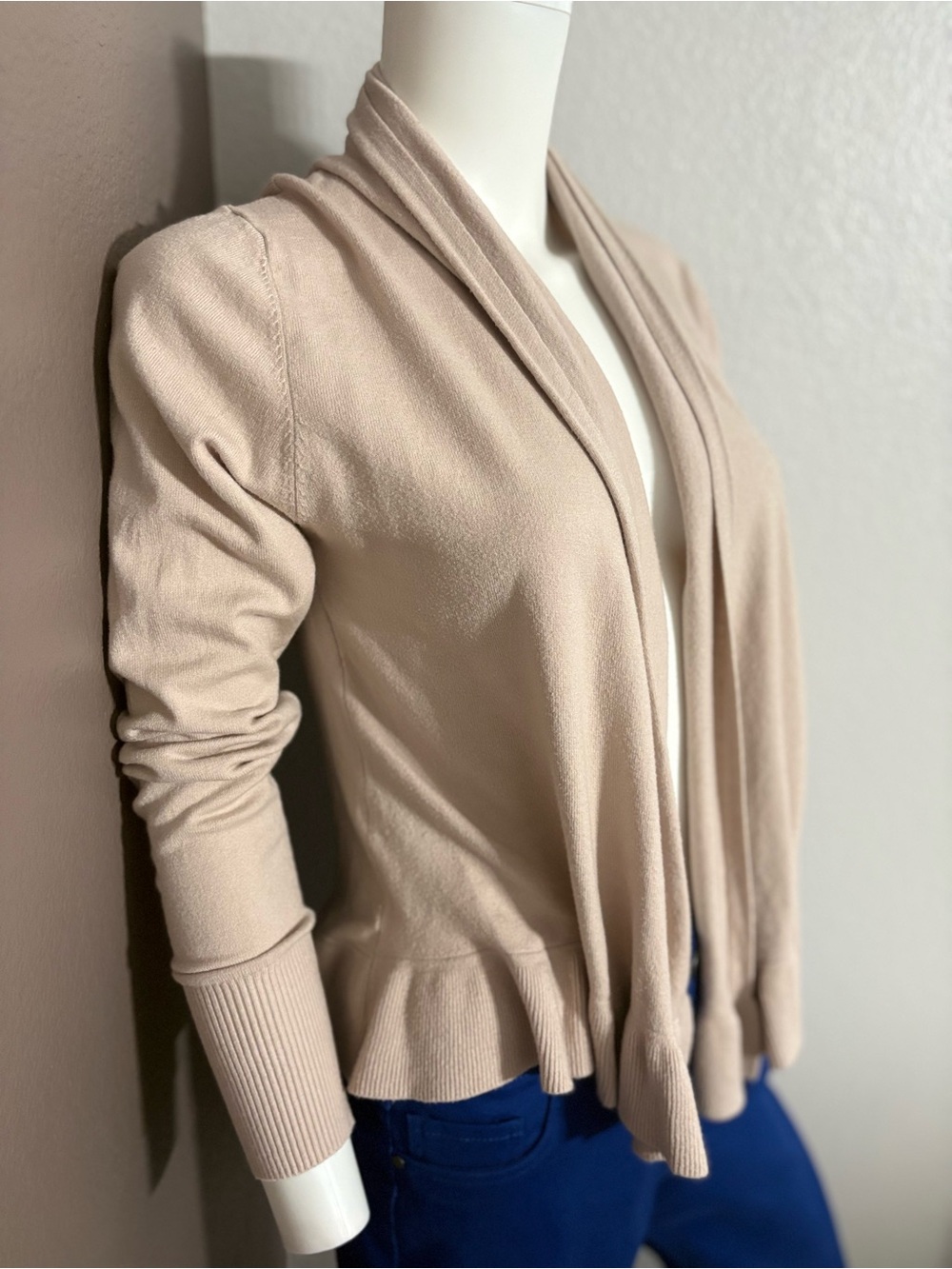 Essentials Open-Front Ruffle-Hem Cardigan - Light Beige - Picture 3 of 5